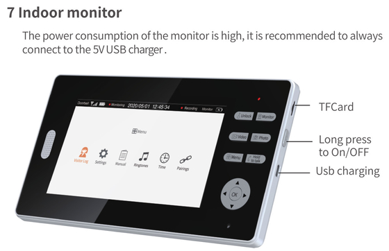 Chuông cửa video WIFI 2.4GHz Chuông cửa màn hình LCD có độ phân giải cao 7 inch